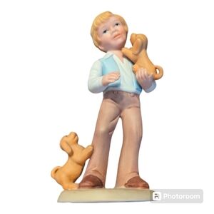 VINTAGE Avon 1981 "Best Friends" Boy With Puppies Porcelain Figurine 6"